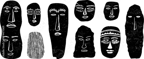 Ancient stone idols and totem poles linocut collection for cultural art designs