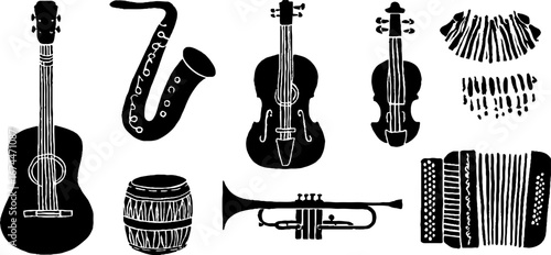 Linocut street music collection: guitar, saxophone, violin for vintage design