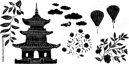 Linocut temple scene with pagoda, lanterns, and fireworks for cultural celebration design