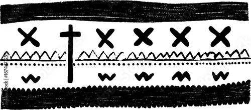 Linocut textile border with cross and repeating patterns for boho design