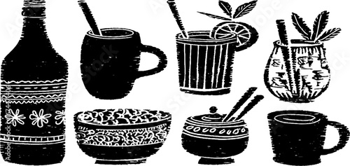 Linocut collection of traditional drinks and vessels for cultural and boho design