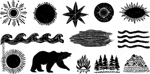 Celestial tundra symbols with snowflakes, waves, and woodland elements for design