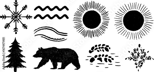 Tundra symbols collection: snowflake, sun, waves, bear, pine tree for nordic design