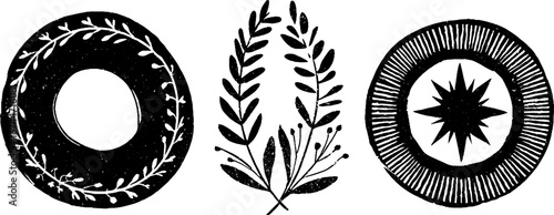 Ornate spiral frame and botanical linocut vintage decor set for creative design