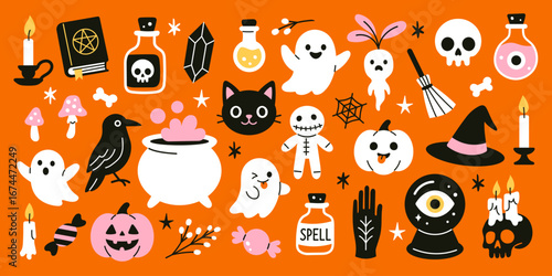 Vector set of cute and spooky Halloween clipart. Ghosts, skull, raven, black cat, pumpkin, witch hat, spell book, potions, candles, other holiday symbols in flat design. Funny halloween collection.