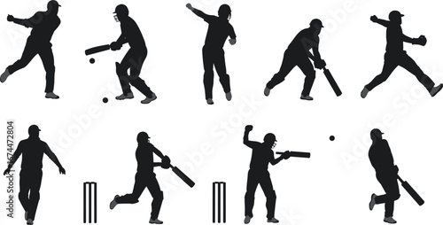 Cricket player silhouette illustration, batsman vector design, sportsman playing cricket, black figure artwork, bowler and batsman clipart, athletic game graphic