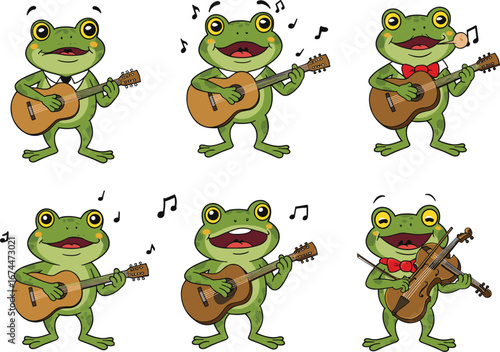 Cute cartoon frog playing guitar and violin, funny animal musician, happy singing frog character, music performance illustration, vector isolated