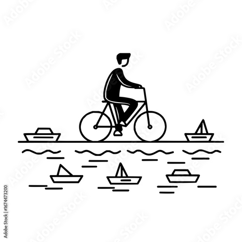 Bicycle riding near sea with paper boats vector illustration black and white minimalist line art design