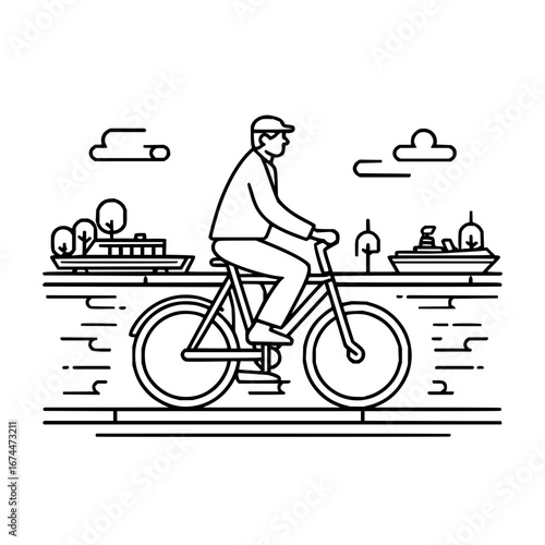 Line art illustration of man riding bicycle near river with boats and clouds vector design artwork