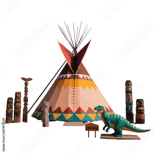 A green dinosaur stands next to a teepee and totem poles with a dinosaur sign indigenous