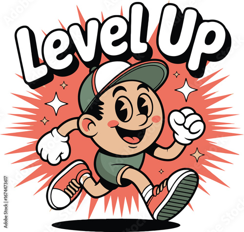 Cartoon character running with level up text and starbursts retro vintage