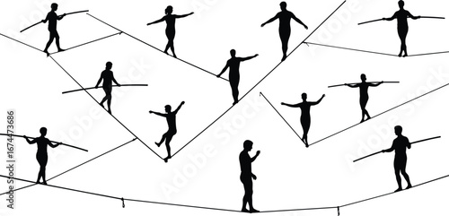 Silhouette acrobats performing dangerous tightrope walking, circus balance act, extreme risk challenge, rope walker illustration, stunt performance, artistic danger concept design