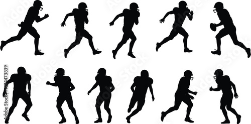 Silhouette American football players running with ball, action poses, outdoor sport training, athletic competition, teamwork energy, strength strategy, game performance
