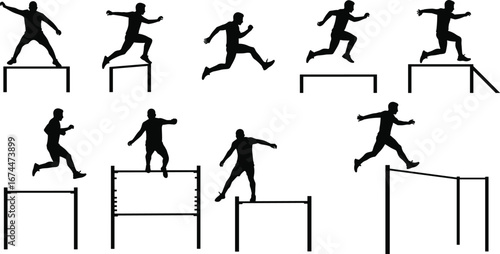 Silhouette athletes running and jumping hurdles, high jump, pole vault, track and field competition, sport training exercise, athletic performance illustration design