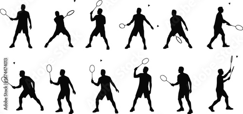 Silhouette badminton players practicing shots, hitting shuttlecock with racket, sports action poses, fitness training, competitive game, athletic motion sequence illustration design