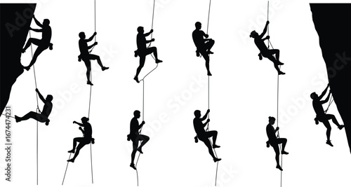 Silhouette climbers hanging on rope, mountain climbing adventure, outdoor extreme sport, rock climbing challenge, fitness training, teamwork determination, nature exploration
