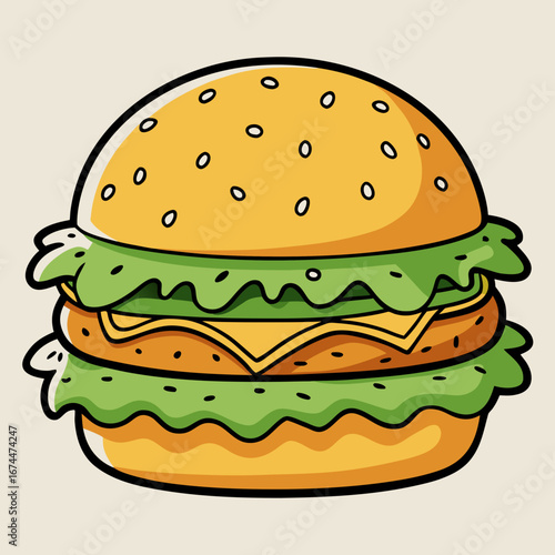 Big cheeseburger with sesame bun lettuce tomato and onion isolated on white background