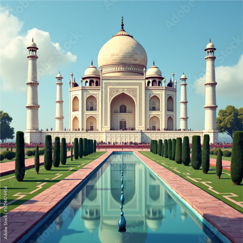 Taj Mahal Beauty: Majestic Taj Mahal, bathed in sunlight, its reflection mirrored in the serene waters of the pool, embodying timeless elegance and historical grandeur.