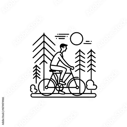 Minimalist line art of cyclist riding bicycle in forest with trees and sun vector illustration