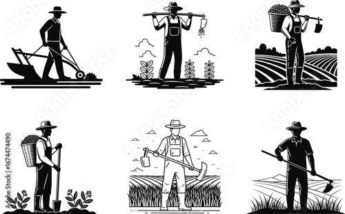 Traditional farming, rural agriculture, farmer tools, watering crops, harvesting produce, hoeing field, black and white sketch, countryside labor, vintage illustration, planting scene