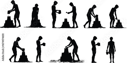 Silhouette man building sandcastle on beach, summer holiday activity, creative leisure fun, outdoor vacation scene, relaxing coastal lifestyle with bucket