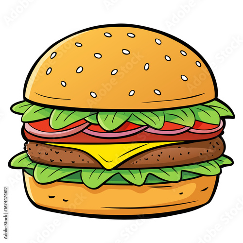 Delicious cheeseburger with fresh lettuce, tomato, and onion on a sesame bun, isolated on a white background
