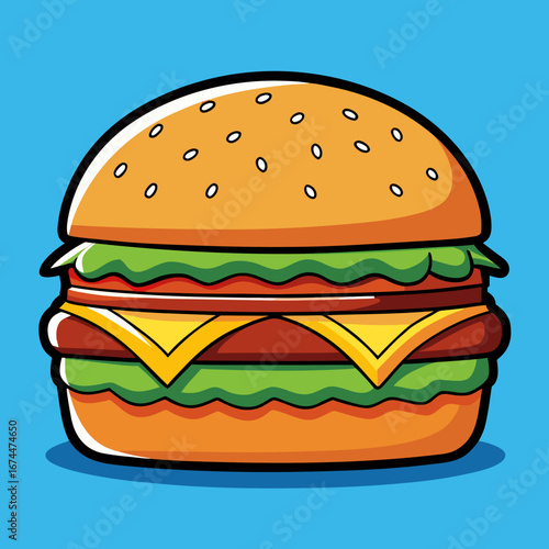 A juicy cheeseburger with beef patty, fresh lettuce, and tomato on a sesame bun vector illustration