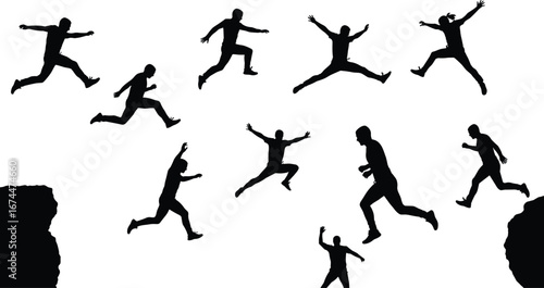 Silhouette man jumping across cliff, extreme sports activity, adventure risk challenge, freedom concept, outdoor lifestyle, success achievement overcoming obstacle, motivational inspiration