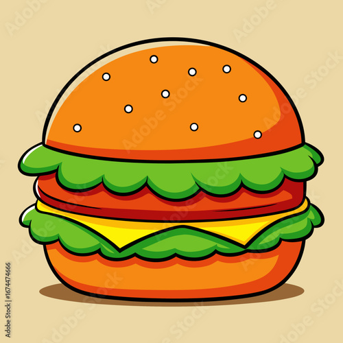 A single cheeseburger with sesame seed bun, lettuce, tomato, and onion is isolated on a clean white background