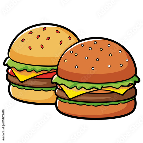 An isolated, grilled beef hamburger with lettuce, tomato, cheese, and sesame seed bun on a white background with fries