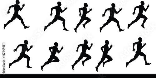 Silhouette man running, athletic sprint motion, fitness exercise, track sport training, healthy lifestyle, dynamic action, jogging speed, marathon competition, fast movement, energy