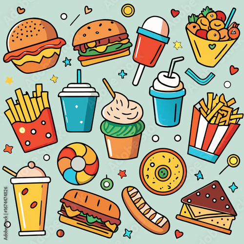 This fast food icon set features a seamless cartoon pattern of popular meal items like hamburgers, pizza, hotdogs, and drinks