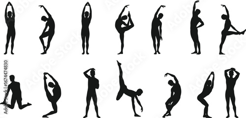 Silhouette men practicing yoga, stretching, dance poses, body movement, workout, fitness training, meditation, flexibility, sport exercise, wellness lifestyle, strength