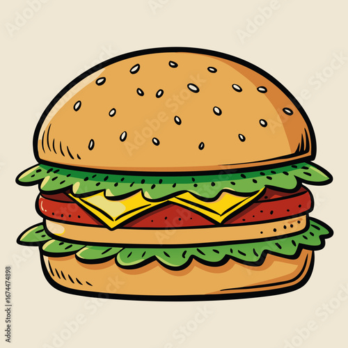 A classic beef cheeseburger with a sesame bun, lettuce, tomato, and onion on a clean white background