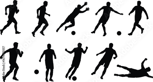 Silhouette of football players in dynamic soccer actions with ball, running, kicking, jumping, training, sports competition, athletic movement illustration design