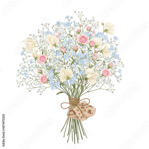 A delicate bouquet featuring pink roses, white sweet peas, and light blue forget me nots tied with twine