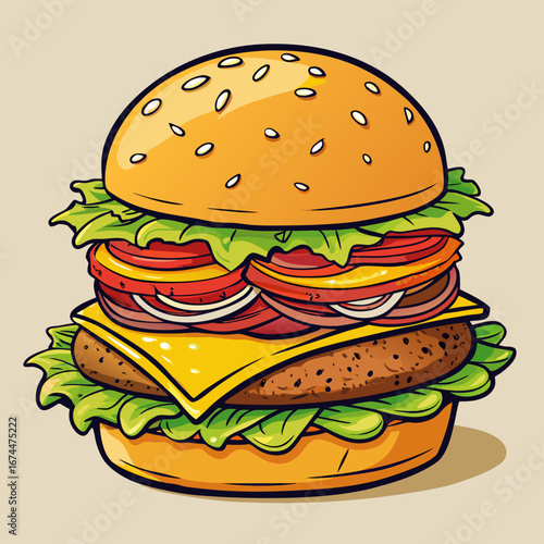 A classic grilled beef hamburger with melted cheese, fresh lettuce, and tomato on a sesame seed bun is isolated on a clean white background