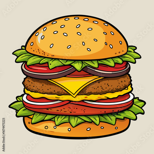 A classic grilled beef cheeseburger with fresh lettuce, tomato, and onion on a sesame seed bun isolated on a white background