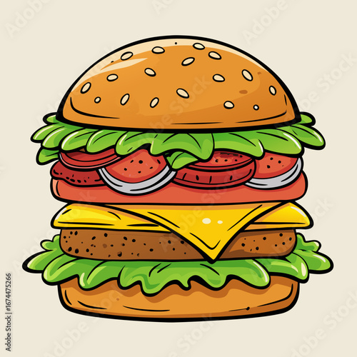 Juicy grilled beef cheeseburger with fresh lettuce, tomato, and onion on a sesame bun isolated on a white background