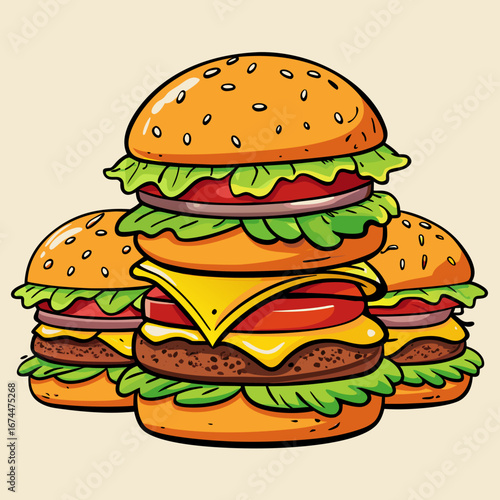 A cheeseburger with fresh lettuce, tomato, and onion on a sesame bun, isolated on white