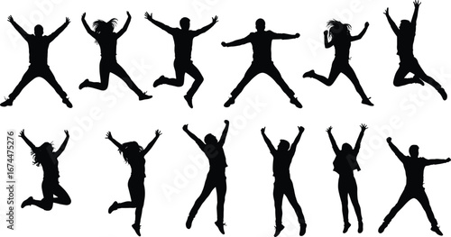 Silhouette of jumping people group, happy men and women, freedom concept, energetic youth lifestyle, fun activity, celebration pose, vector illustration