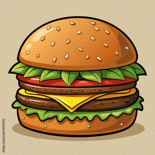 A juicy grilled beef hamburger with melted cheese, fresh lettuce, and tomato on a sesame seed bun isolated on a white background