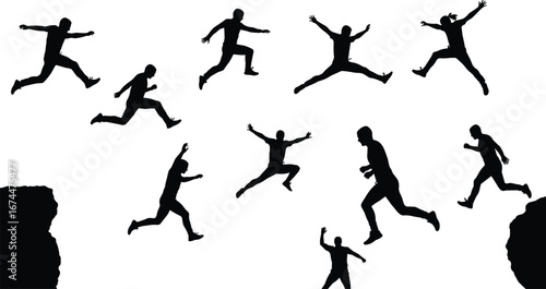 Silhouette of man jumping across cliff, extreme sport action, adventure leap, risk challenge, freedom movement, success concept, outdoor danger activity