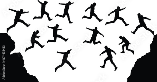 Silhouette of man jumping across gap, extreme adventure sport action, risk challenge concept, outdoor freedom leap, success movement, danger activity