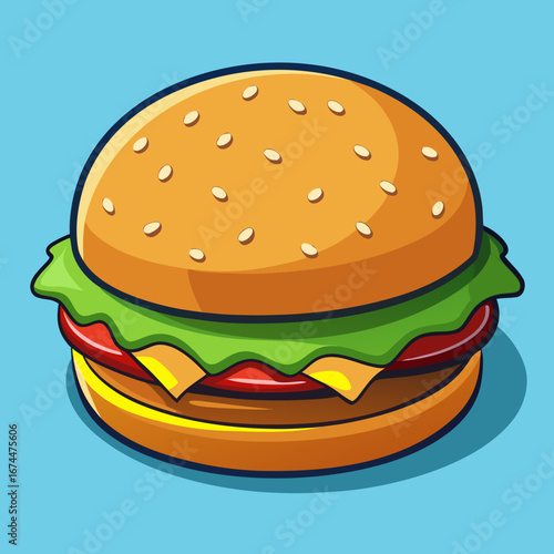A juicy grilled cheeseburger with fresh lettuce and tomato on a sesame bun is isolated against a clean white background