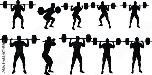 Silhouette of man lifting heavy barbell, bodybuilding squat poses, gym workout training collection, weightlifting exercise vector illustration, strength fitness sport design