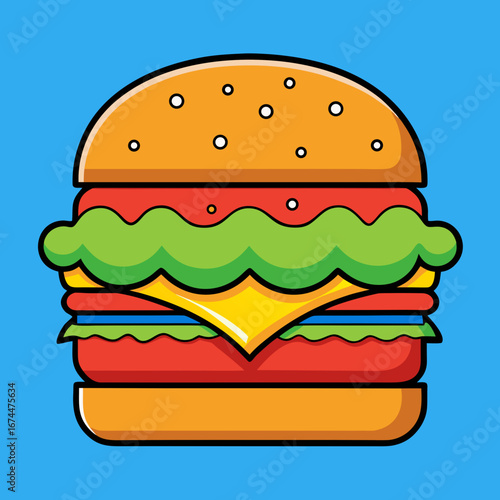Vector illustration of a grilled beef cheeseburger with lettuce, tomato, and sesame seeds on a bun, isolated on a white background