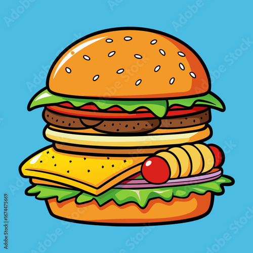 Juicy grilled beef cheeseburger with fresh lettuce, tomato, and cheese on a sesame seed bun isolated on a white background