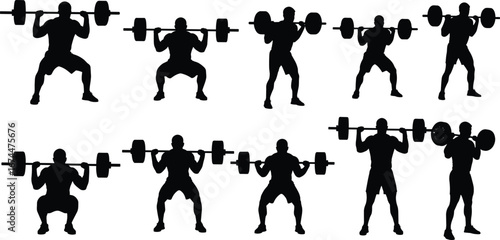 Silhouette of man lifting barbell, weightlifting training poses, gym workout exercise collection, bodybuilding strength illustration, sport fitness vector on white background