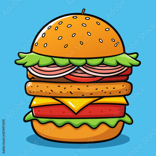 A juicy beef cheeseburger with lettuce, tomato, and onion on a sesame bun, isolated on a white background